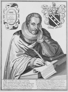 Ritratto di Sir Thomas Overbury (1581-1613) che scrive il suo epitaffio, inciso da Renold Elstrack (1571-c.1630) 1613 da English School